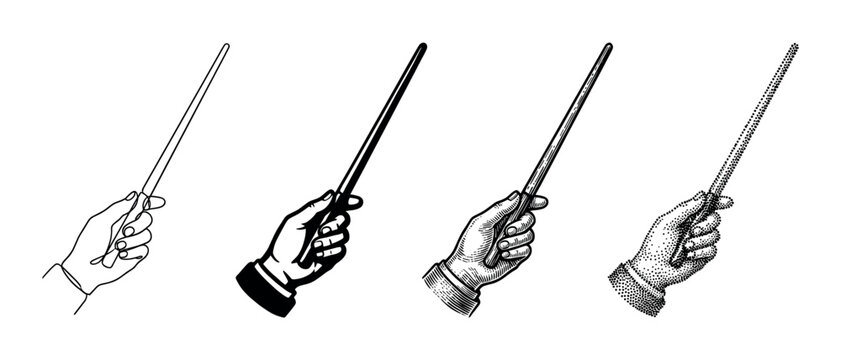 Four distinct black and white illustrations of hands holding pointer sticks, each rendered in a unique artistic style including line art, solid fill, engraving, and stippling