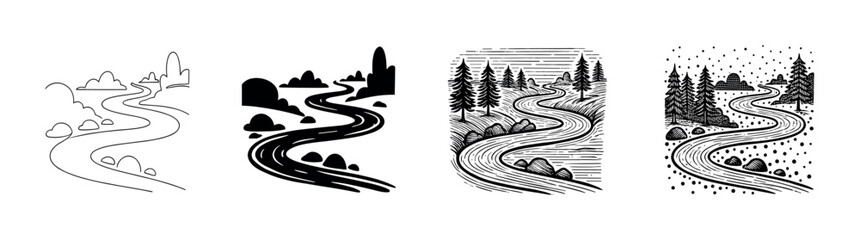 Fototapeta premium Four distinct black and white winding river illustrations showcase varied artistic styles, from simple line art to detailed woodcut textures, depicting serene natural landscapes