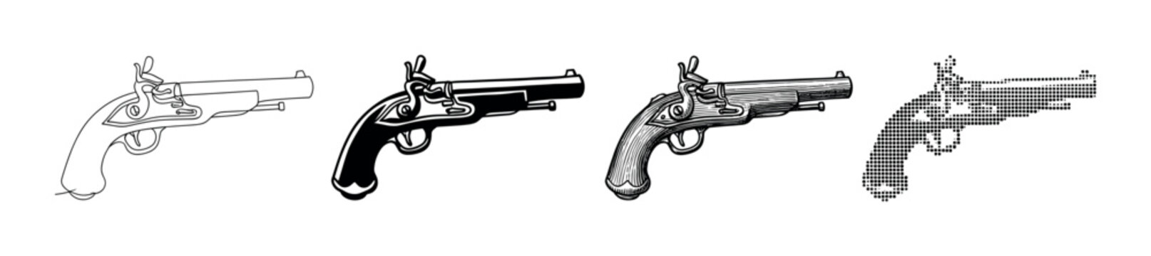 Four distinct historical flintlock pistols are depicted in a collection of diverse graphic styles, including outline, solid silhouette, engraved, and pixelated designs, showcasing vintage weaponry