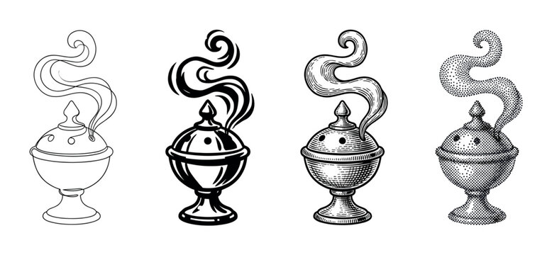 Four distinct black and white incense burners are depicted with rising smoke in various artistic styles, showcasing outline, solid, engraved, and stippled illustrations