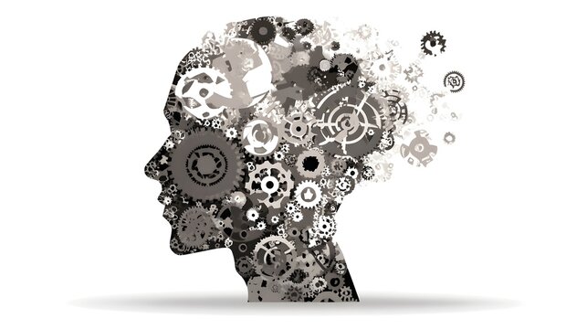 Human Head Silhouette with Gears and Cogs Exploding into Pieces.
