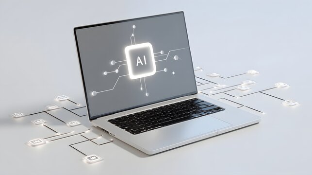Laptop with AI Processor Chip and Circuitry on Screen, Artificial Intelligence Concept.