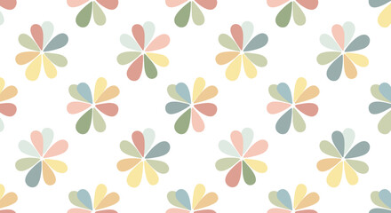 Seamless pattern of pastel-colored stylized flowers on a white background, featuring a gentle and decorative design with muted hues.