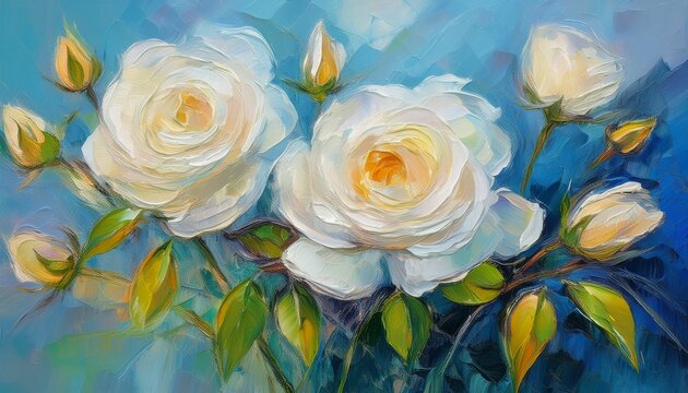 delicate white roses bloom against a soft blue background in impressionist art