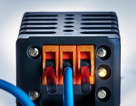 extremely close up of the circuit breaker tripping on a surge protector during a power surge