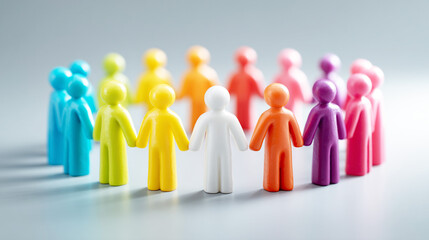 色とりどりの人形が手をつなぐ多様性とチームワークのイメージ
