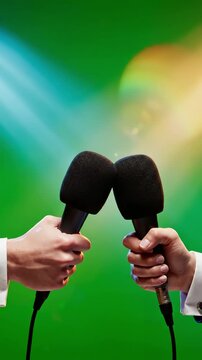 Green Screen news conference hands holding microphones on looping 3d scene 4 with distortion, overlay, glitch, static noise, scan lines black background, 4k animated video loop