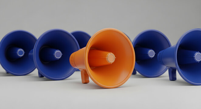 a row of blue and orange plastic megaphones on a plain background close up detail view product photo