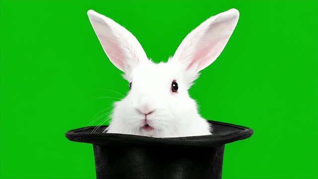 White rabbit inside black felt top hat on green screen