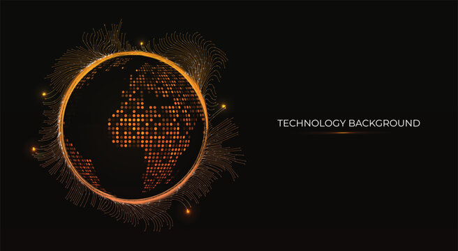 Orange Spherical world map glowing with pulsating lights and fiber optic strands. Concept data flow, Global connectivity, technology, and futuristic technological innovation worldwide. 