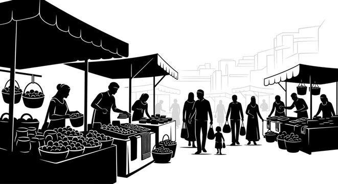 Monochrome illustration of a vibrant outdoor marketplace with diverse shoppers and vendors selling fresh produce from stalls.