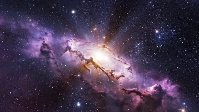 Cosmic tapestry unfolds, hues of magenta and violet merge with stardust amidst a backdrop of twinkling celestial lights