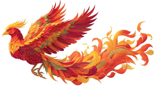 Majestic Phoenix Bird with Fiery Feathers and Flowing Tail.