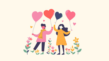 Couple holding heart-shaped balloons together happily.