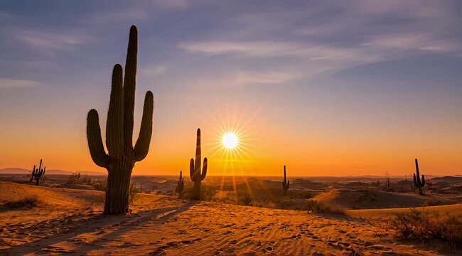 Scenic desert landscape at sunset with saguaro cacti and warm lighting