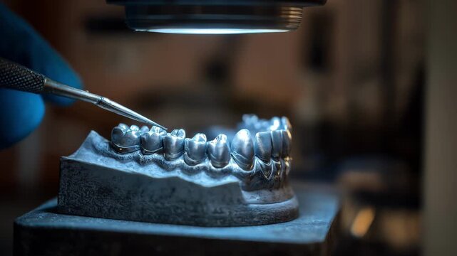 Titanium partial denture framework being polished under focused light with a blurred workshop scene creating depth and detail emphasis.
