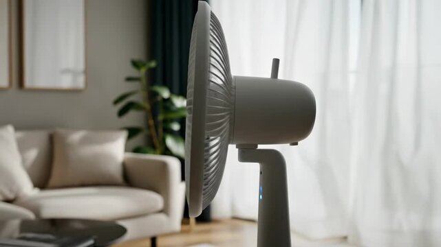 A modern white fan stands in a softly lit, cozy living room with neutral tones and gentle light