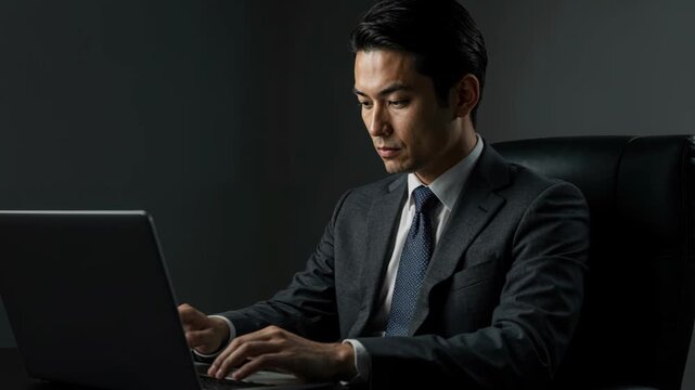Focused Professional: A sharply dressed business professional intently works on his laptop, exuding an air of competence and determination in a focused environment.