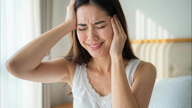 The weight of Pain: Portrait of a woman, embodying raw and vulnerable, with her face etched in discomfort, clutching her temples, a vivid portrayal of headache.