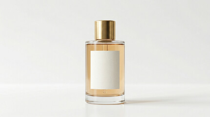 A luxurious perfume bottle with gold cap standing on a white surface, elegant and minimalist, close-up view