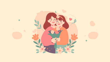 Mother and daughter sharing a tender moment with flowers.