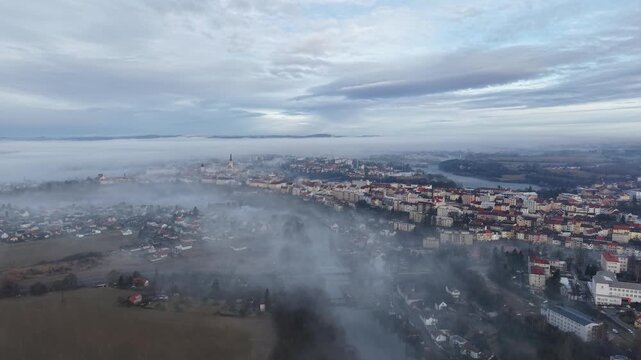 TABOR historical town aerial panorama with morning fog rising above historic city and surrounding landscape.
