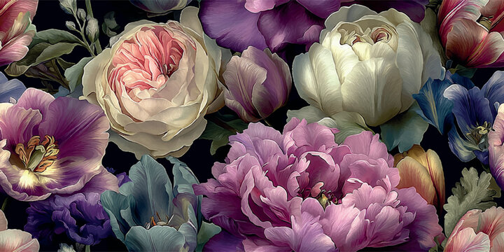 Moody dark floral arrangement featuring deep pink and cream peonies for design, textiles, luxury packaging, and dramatic interior wallpapers