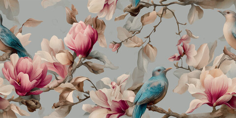 Beautiful blue songbirds perched on magnolia branches with soft pink blossoms for design, textiles, vintage wallpapers, stationery, and elegant branding © Eli Berr