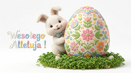 Świąteczny króliczek Wielkanocny z ozdobioną dużą pisanką. Ilustracja dla dzieci z króliczkiem i jajkiem. 