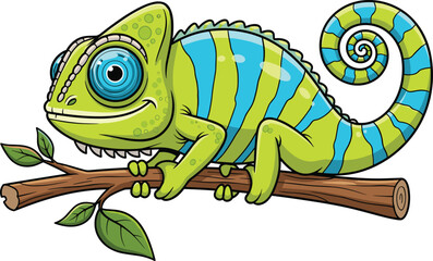 Cute chameleon cartoon illustration, colorful reptile sitting on branch with curled tail, playful wildlife character vector design