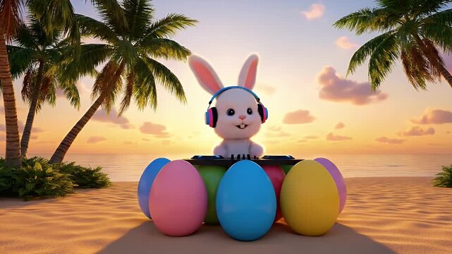 Bunny dj with headphone and easter egg on tropical beach sunset