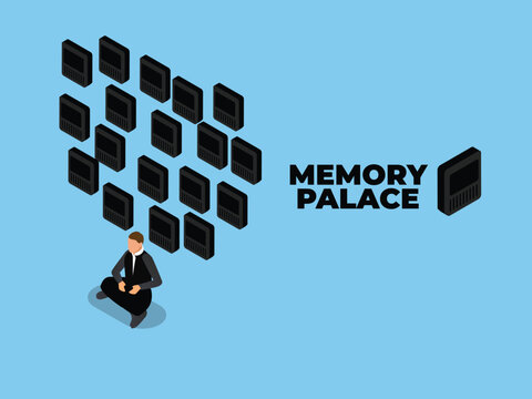 Man Using the Memory Palace Mnemonic Technique for Data Storage and Mental Recall 3d isometric vector illustration