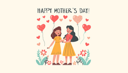 Obraz premium Happy Mother's Day illustration with mother and daughter surrounded by hearts.