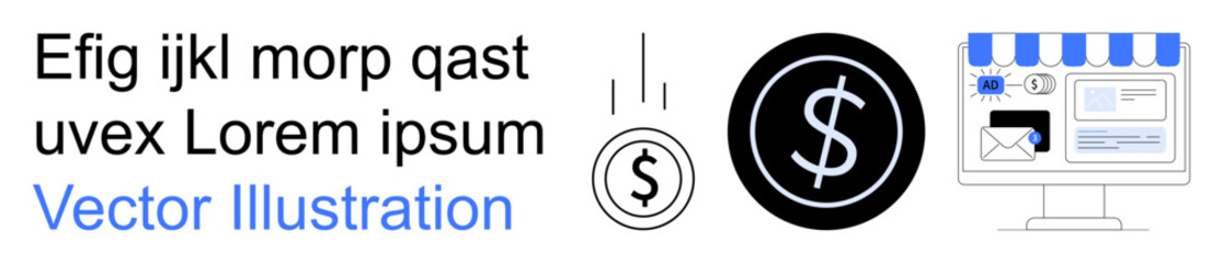 Obraz premium E-commerce, financial transactions, online shopping, digital marketplace, currency exchange, business management. Storefront, dollar symbols and payment icons. E-commerce and financial transactions