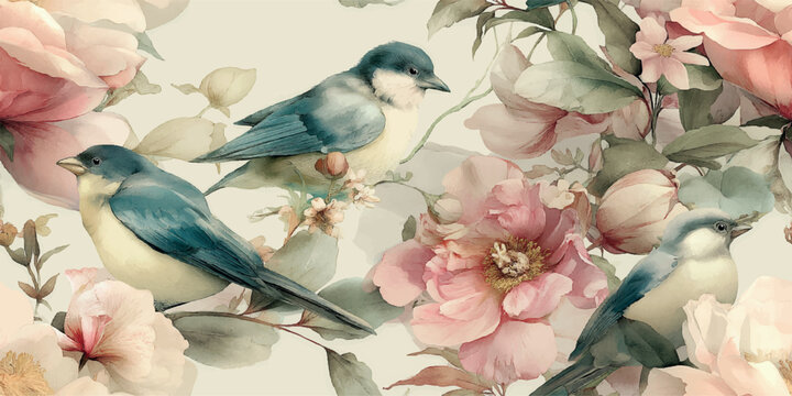 Elegant seamless vector pattern featuring blue tits and pink peonies in a soft painterly style for romantic home decor, floral textiles, botanical branding, and high-quality wedding stationery