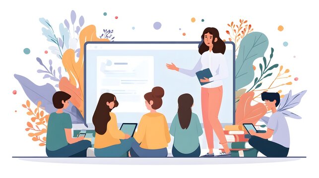 Online Education Concept with Teacher and Students Illustration.