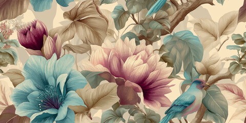 Fototapeta premium Luxury seamless vector floral pattern with exotic birds and large blooming flowers in sophisticated teal and burgundy tones for high-end textiles, interior wallpapers, and decorative packaging