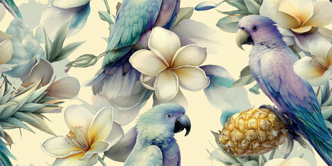 Fototapeta premium Artistic seamless vector pattern with blue parrots, pineapples, and white plumeria flowers for tropical summer fashion, beachwear textiles, exotic branding, luxury packaging, and bright wallpapers