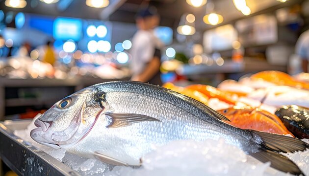 Close-up of a fresh sea bream displayed on ice at a fish market stall