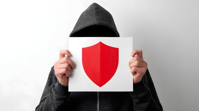 Person in a hoodie holding a red shield symbol for protection.