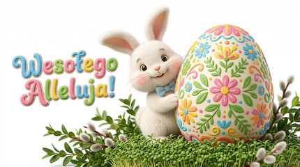 Świąteczny króliczek Wielkanocny z ozdobioną dużą pisanką. Ilustracja dla dzieci z króliczkiem i jajkiem. 