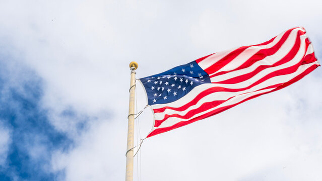 An American flag is flying high on background of trees. A good idea for designing banner sor wallpapers celebrating major or national events like Memorial Day, Presidents' Day or Independence Day.