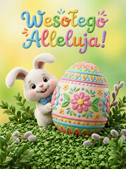 Świąteczny króliczek Wielkanocny z ozdobioną dużą pisanką. Ilustracja dla dzieci z króliczkiem i jajkiem. 