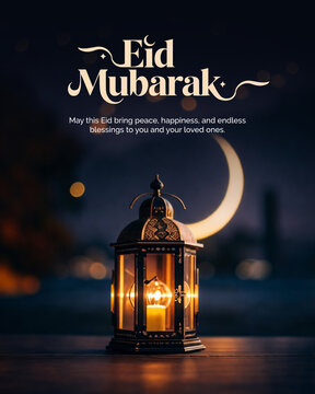 Eid Mubarak Lantern Poster | Islamic Mosque Architecture Night Greeting
