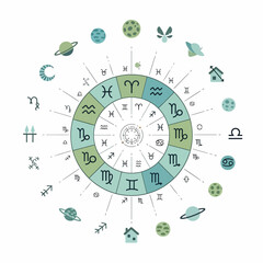 Zodiac Wheel with Astrological Symbols and Signs. © Masini