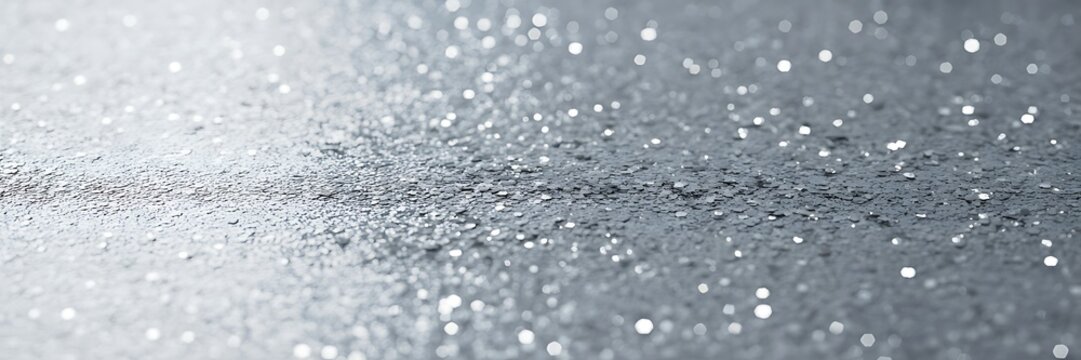 Wet asphalt road surface with raindrops and shiny reflective spots on a gray background