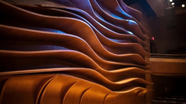 Focused medium shot on the undulating wooden acoustic baffles in a symphony hall as vivid colored lights create a moody atmosphere background softened.