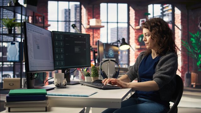 Freelancer uses AI chatbot system to find a solution for task completion, meeting deadlines using prompts and generative models. Smart algorithms and machine learning. Camera A.