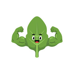 Obraz premium Strong spinach leaf cartoon vector illustration. Cute flexing muscle vegetable character.