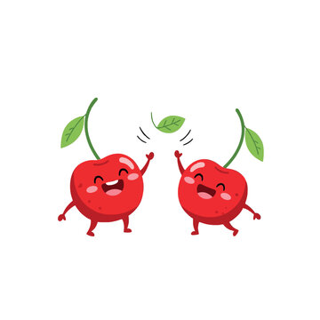Cute high fiving cherries cartoon vector illustration fruit characters.